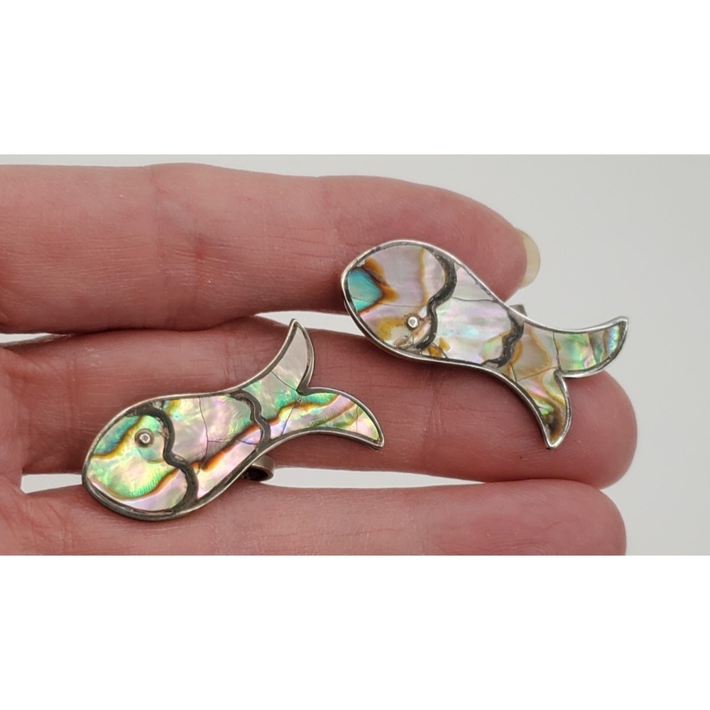 Vintage Sterling Silver Abalone‎ Fish Screw Back Earrings 7.5g Hechoen Mexico